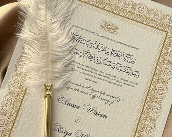 May include: A white feather pen rests on a cream-colored paper with a gold border. The paper features an Arabic inscription and the text "That he created for you from yourselves mates that you may dwell in them, and he placed between you affection and mercy. That are signs for a people who give thought (Quran 30:21)". The text "It was route on 18th August 2021 corresponding to Safar, 1446 AH to certify the marriage of Amaan Waseem & Woya Khan" is also present. The paper has spaces for the groom, bride, and two witnesses to sign.
