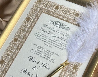 Certificat de luxe Nikkah, contrat de mariage islamique A4 premium, Nikkah Nama, certificat de mariage musulman, noms personnalisés, versets du Coran