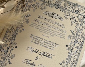 Nikkah Certificate, Floral Nikkah Nama, Islamic Wedding Contract, Muslim Marriage Certificate, Vintage Floral Print, Floral Wreath, Blue A4