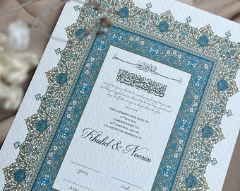 Luxury Nikkah Certificate, Premium A4 Islamic Wedding Contract, Nikkah Nama, Muslim Marriage Certificate, Personalised Names, Persian Blue