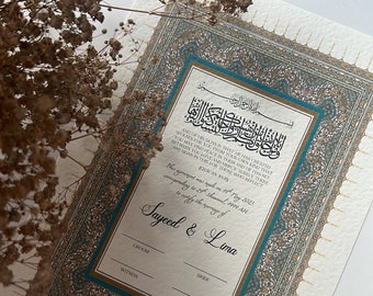 Certificado Nikkah de lujo A3, Contrato de boda islámico premium, Nikah Nama, Certificado de matrimonio musulmán, Nombres personalizados, Verso del Corán A3