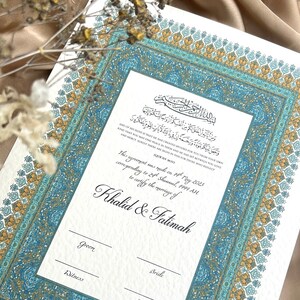 Nikkah-Zertifikat, islamischer Hochzeitsvertrag A4, Nikkah Nama, muslimische Heiratsurkunde, Al-Aqsa-Moschee und Felsendom inspirierte Kunst