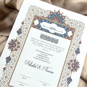 A3 luxe Nikkah-certificaat, premium islamitisch trouwcontract, Nikkah Nama, trouwakte moslim, gepersonaliseerde namen, blauw en rood