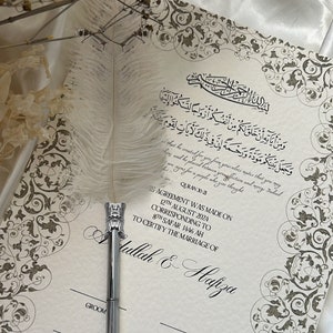 Certificato Nikkah floreale A3, Contratto di matrimonio islamico, Certificato di matrimonio musulmano, Nikkah Nama personalizzato personalizzato, Penna piuma, Grigio argilla