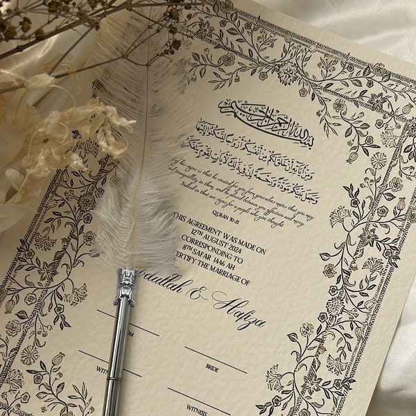 Certificado Nikkah floral de lujo, contrato de boda islámico, Nikkah Nama, certificado de matrimonio musulmán, estampado floral vintage, corona floral A4
