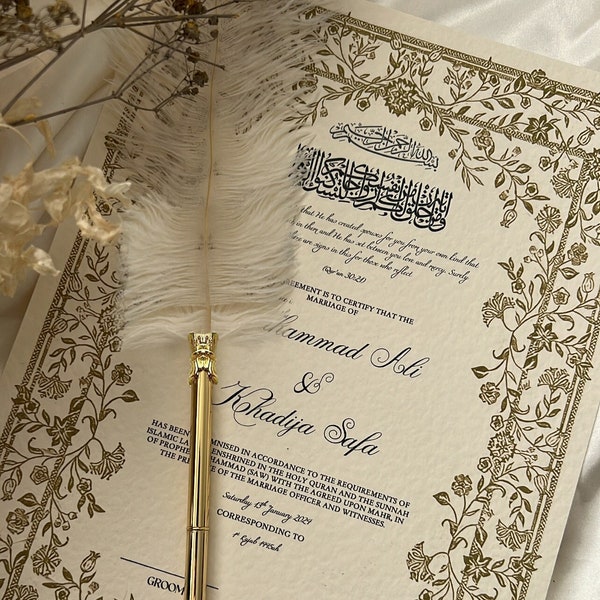 Floral Nikkah Certificate, Gold A4 Islamic Wedding Contract, Nikkah Nama, Muslim Marriage Certificate, Personalised Names, Quran Verse