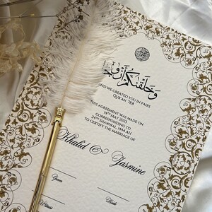 A3 Bloemen Nikkah Certificaat, Islamitisch Huwelijkscontract, Moslim Huwelijksakte, Gepersonaliseerde Aangepaste Nikkah Nama, Gouden Veren Pen, Goud
