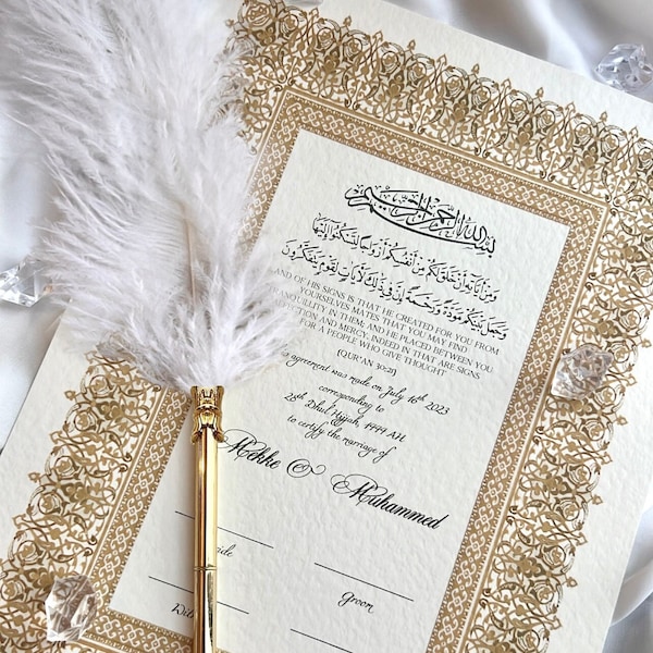 Certificat de luxe Nikkah, contrat de mariage islamique A4 premium, Nikkah Nama, certificat de mariage musulman, noms personnalisés, versets du Coran