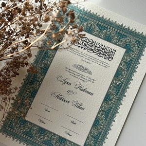 Luxus Nikkah Zertifikat, Islamischer Premium A4 Hochzeitsvertrag, Nikkah Nama, Muslimische Heiratsurkunde, Personalisierte Namen, Koran Vers