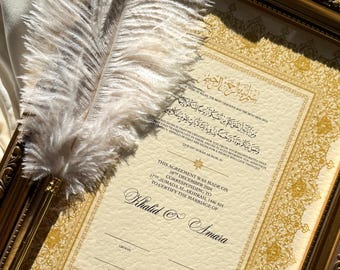 Nikah Certificate with Vintage Frame, Islamic Marriage Certificate, Personalised Muslim Wedding Nikkah Nama, Nikah Signing Set with Gold Pen