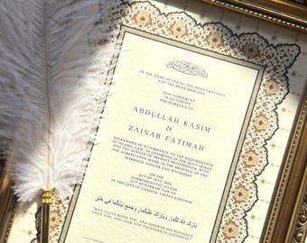 Nikah Certificate with Vintage Frame, Islamic Marriage Certificate, Personalised Muslim Wedding Nikkah Nama, Nikah Signing Set with Gold Pen