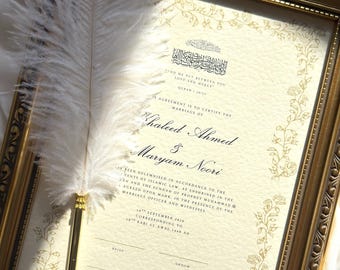 Nikah Certificate with Vintage Frame, Islamic Marriage Certificate in Floral Design, Personalised Muslim Wedding Nikkah Nama, Gold Pen