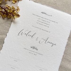 Certificato Nikah Premium, Carta di cotone fatta a mano, Carta con bordo Deckle, Nikah Nama islamico, Contratto di matrimonio musulmano, Regalo di nozze personalizzato