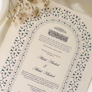 Floral Nikkah Zertifikat, Gold A4 Islamischer Hochzeitsvertrag, Nikkah Nama, Muslimische Heiratsurkunde, Personalisierte Namen, Koran Vers