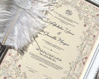 Floral Nikah Contract with Vintage Frame and Pen, Muslim Marriage Certificate, Flower and Rose Design in Pastel Colours, Wedding Keepsake