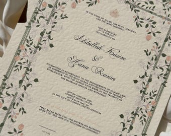 Floral Nikah Certificate, Muslim Nikkah Contract, Islamic Wedding Frame, We created you in pairs quote, Personalised Wedding Gifts