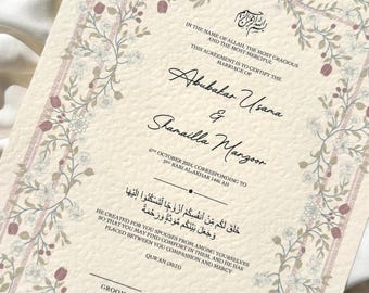 Nikah Certificate Floral, Muslim Marriage Contract, Islamic Wedding Frame, We created you in pairs quote, Quran Verse and Surah on Marriage