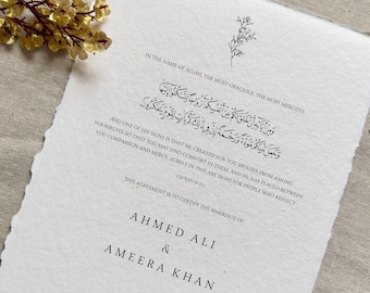 Certyfikat Nikah, Nikah Nama, Muzułmański kontrakt małżeński, Ręcznie robiony papier bawełniany, Karta z krawędzią Deckle, Spersonalizowany prezent ślubny, Umowa Nikah