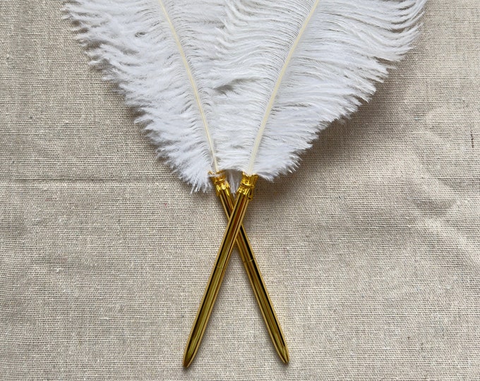 Feather Pen Gold, Gold Quill Pen, White Ostrich Feather Pen, Wedding Signing Pen, Nikkah Pen, Black Ballpoint Pen, Wedding Guestbook Pen