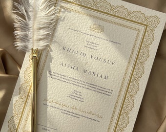 Nikah Certificate in Gold, Islamic Marriage Contract, Muslim Wedding Certificate, Nikkah Nama, Gold Feather Pen
