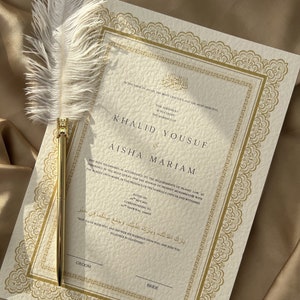 Gold Nikkah-Urkunde, Luxus Islamischer Ehevertrag, A4 Islamische Hochzeits-Urkunde, Nikkah Nama, Islamisches Nikah Geschenk, Gold Federstift