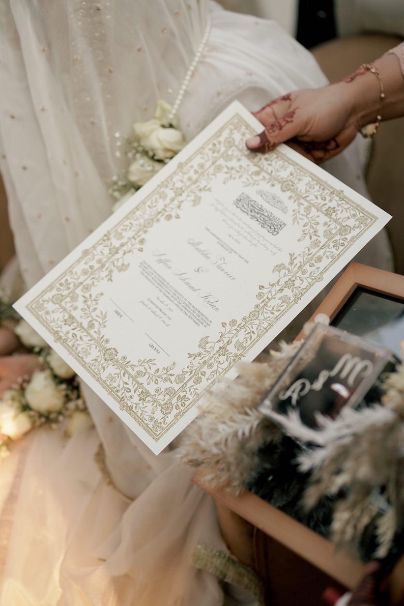 Floral Nikkah Certificate, Gold A4 Islamic Wedding Contract, Nikkah Nama, Muslim Marriage Certificate, Personalised Names, Quran Verse image 17