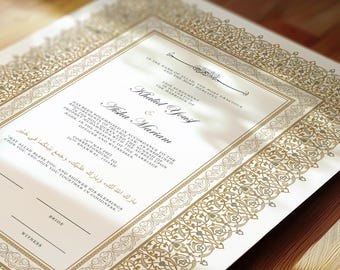 Luksusowy certyfikat Nikkah, Premium A4 Islamska umowa ślubna, Nikah Nama, Muzułmański certyfikat małżeństwa, Spersonalizowane imiona, Werset Koranu