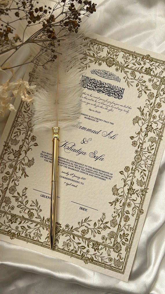 Floral Nikkah Certificate, Gold A4 Islamic Wedding Contract, Nikkah Nama, Muslim Marriage Certificate, Personalised Names, Quran Verse