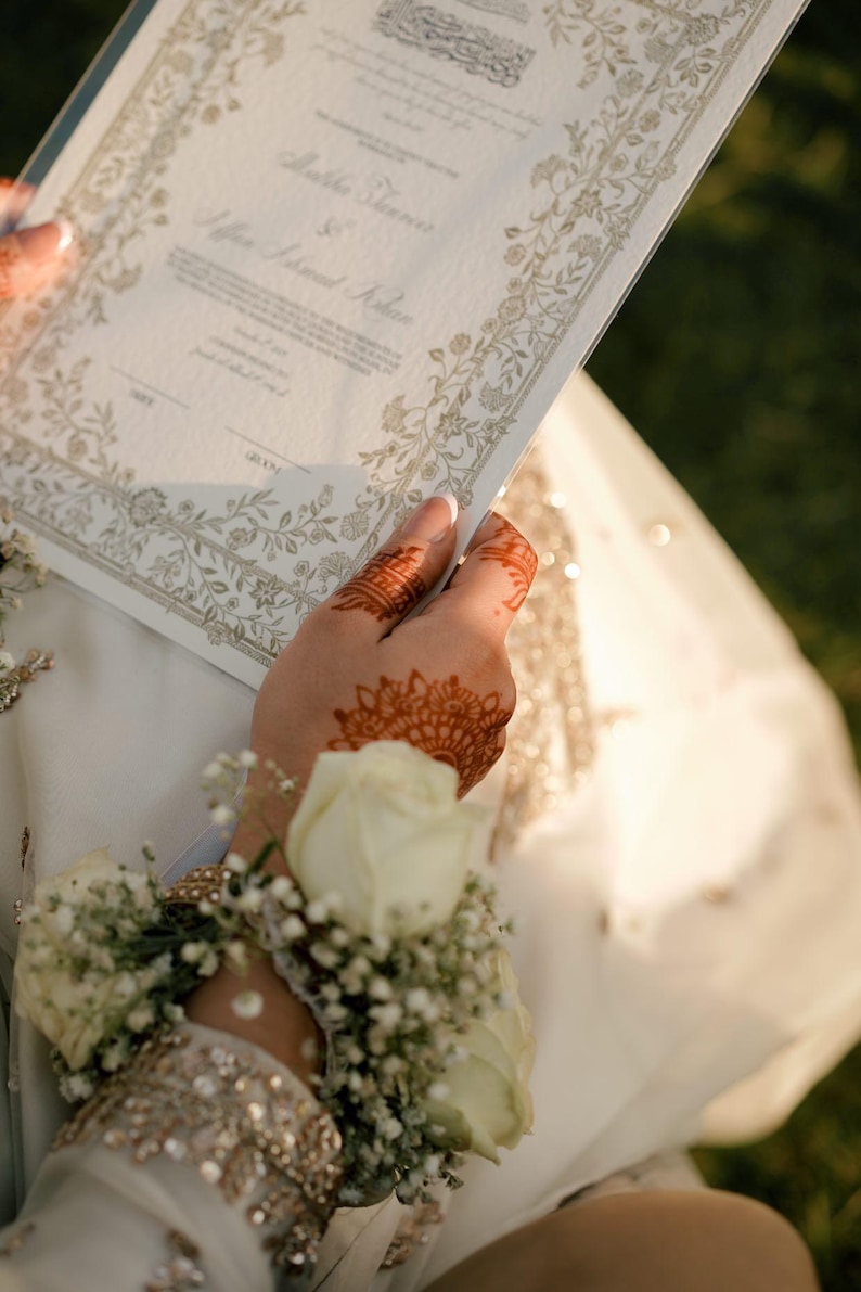 Floral Nikkah Certificate, Gold A4 Islamic Wedding Contract, Nikkah Nama, Muslim Marriage Certificate, Personalised Names, Quran Verse image 14
