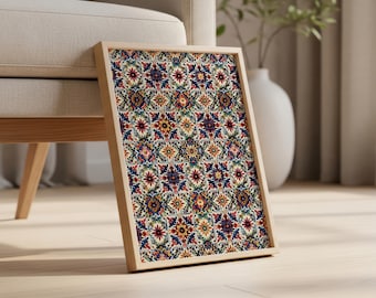 May include: A framed print with a colorful, intricate pattern. The design features a repeating floral motif in shades of red, blue, yellow, and green on a cream background. The frame is made of light-colored wood.