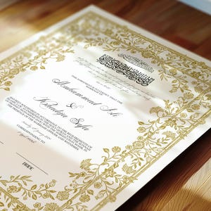 Nikah-Zertifikat, Gold Premium A4 Islamischer Hochzeitsvertrag, Nikah Nama, Muslimische Heiratsurkunde, Personalisierte Namen, Koran Vers
