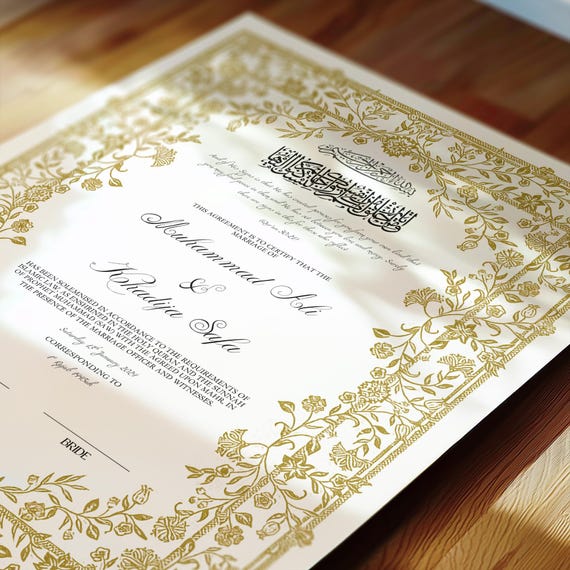 Nikah Certificate Floral, Gold Premium A4 Islamic Wedding Contract, Nikah Nama, Muslim Marriage Certificate, Personalised Names, Quran Verse