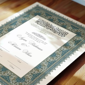 Luxus Nikkah Zertifikat, Islamischer Premium A4 Hochzeitsvertrag, Nikah Nama, Muslimische Heiratsurkunde, Personalisierte Namen, Koran Vers
