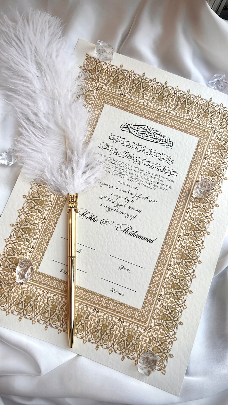 Luxury Nikkah Certificate, Premium A4 Islamic Wedding Contract, Nikkah Nama, Muslim Marriage Certificate, Personalised Names, Quran Verse imagem 1