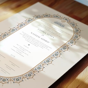 Certificato Nikkah di lusso, contratto di matrimonio islamico A4 premium, Nikah Nama, certificato di matrimonio musulmano, nomi personalizzati, versetto del Corano