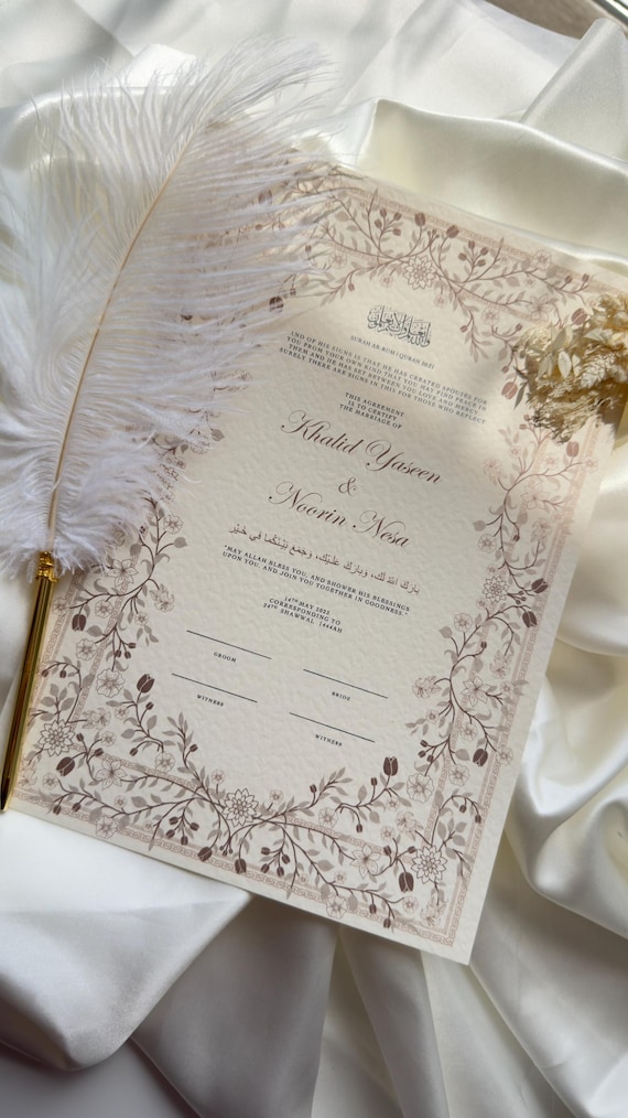 Pink Floral Nikah Certificate, Islamic Wedding Contract, Marriage signing Document