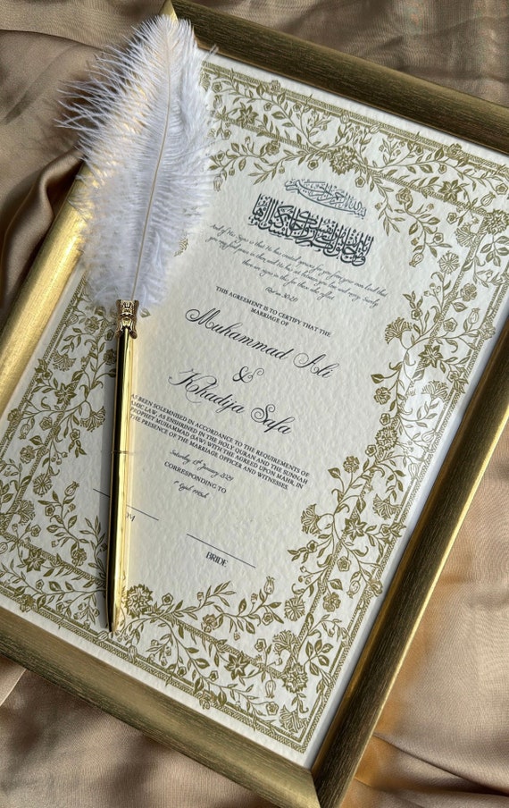 Luxury Nikkah Certificate, Islamic Wedding Contract, Nikkah Nama, Muslim Marriage Certificate, Personalised Names, Quran Verse, Floral Nikah