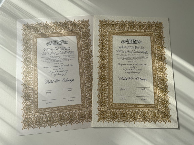 Luxury Nikkah Certificate, Premium A4 Islamic Wedding Contract, Nikkah Nama, Muslim Marriage Certificate, Personalised Names, Quran Verse imagem 4