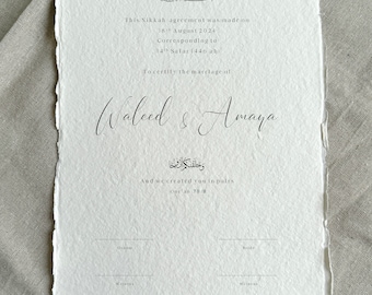 Premium Nikah Certificate, Handmade Cotton Paper, Deckle Edge Card, Islamic Nikah Nama, Muslim Marriage Contract, Personalised Wedding Gift