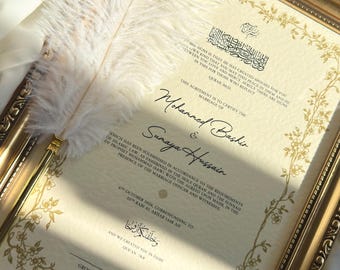 Floral Nikah Certificate, Islamic Marriage Certificate, Personalised Muslim Wedding Certificate, Gold Vintage Frame with Gold Feather Pen