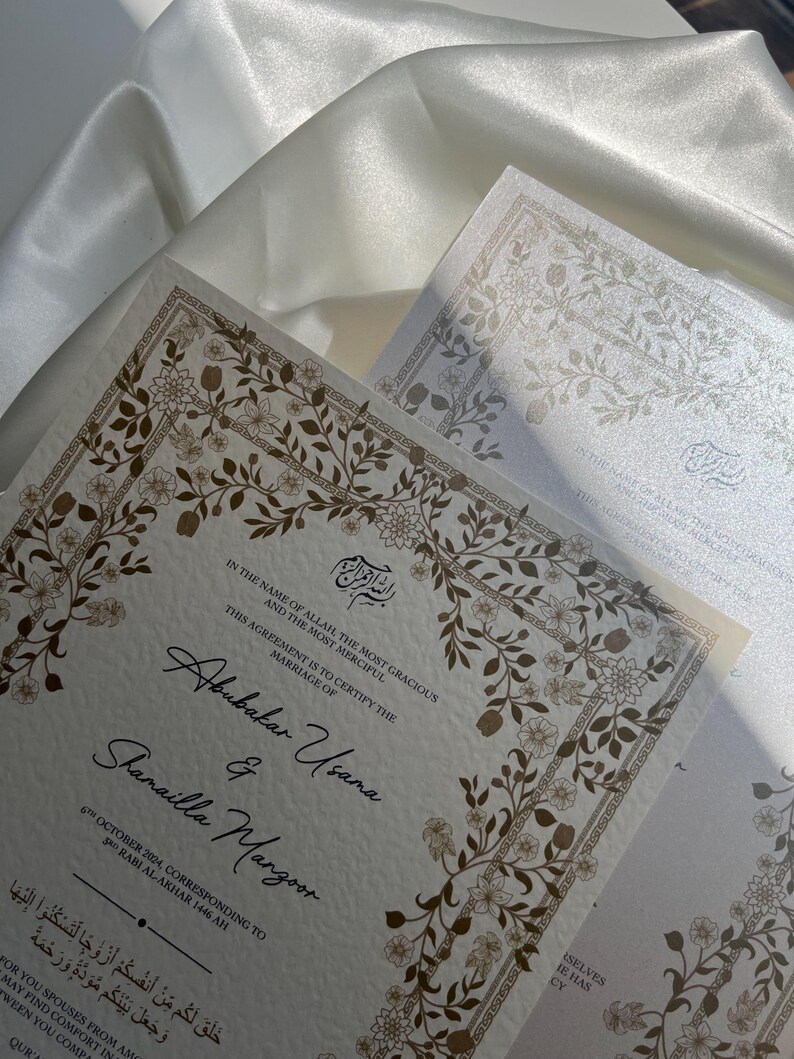 Nikah-certifikat, blommigt Nikkah-kontrakt, islamiskt bröllopskontrakt, muslimskt vigselbevis, vintageblommönster, guldfärgad blomsterkrans bild 7