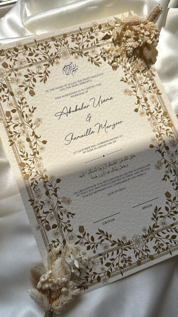 Nikah Certificate, Floral Nikkah Contract, Islamic Wedding Contract, Muslim Marriage Certificate, Vintage Floral Print, Gold Floral Wreath