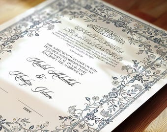 Certyfikat Nikkah Kwiatowy, Premium Islamska Umowa Ślubna, Nikah Nama, Muzułmański Certyfikat Małżeński, Spersonalizowane Nazwy, Umowa Nikah