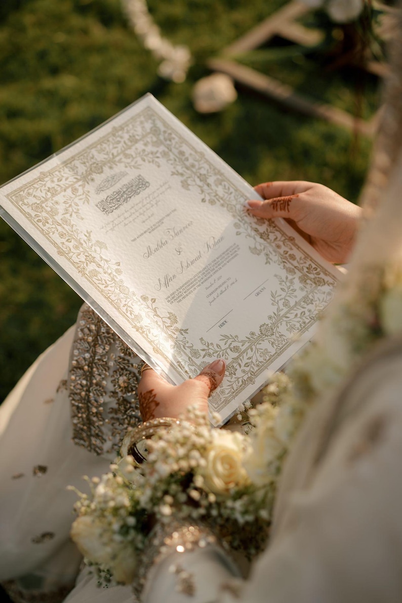 Floral Nikkah Certificate, Gold A4 Islamic Wedding Contract, Nikkah Nama, Muslim Marriage Certificate, Personalised Names, Quran Verse image 12