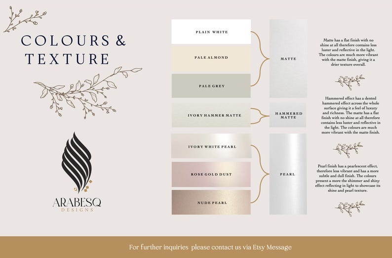 Peut inclure: Un tableau pr&eacute;sentant diff&eacute;rentes couleurs et finitions pour un produit. Les couleurs sont&nbsp;: Blanc uni, Amande p&acirc;le, Gris p&acirc;le, Mat martel&eacute; ivoire, Perle blanche ivoire, Poussi&egrave;re d&rsquo;or rose et Perle nude. Les finitions sont&nbsp;: Mat, Martel&eacute; mat et Perle. Le tableau comprend &eacute;galement des descriptions de chaque finition.