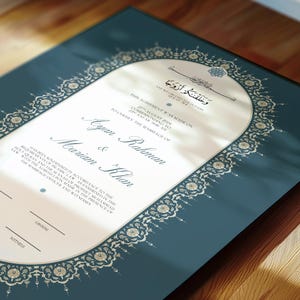 Certificato Nikkah di lusso, contratto di matrimonio islamico A4 premium, Nikah Nama, certificato di matrimonio musulmano, nomi personalizzati, versetto del Corano