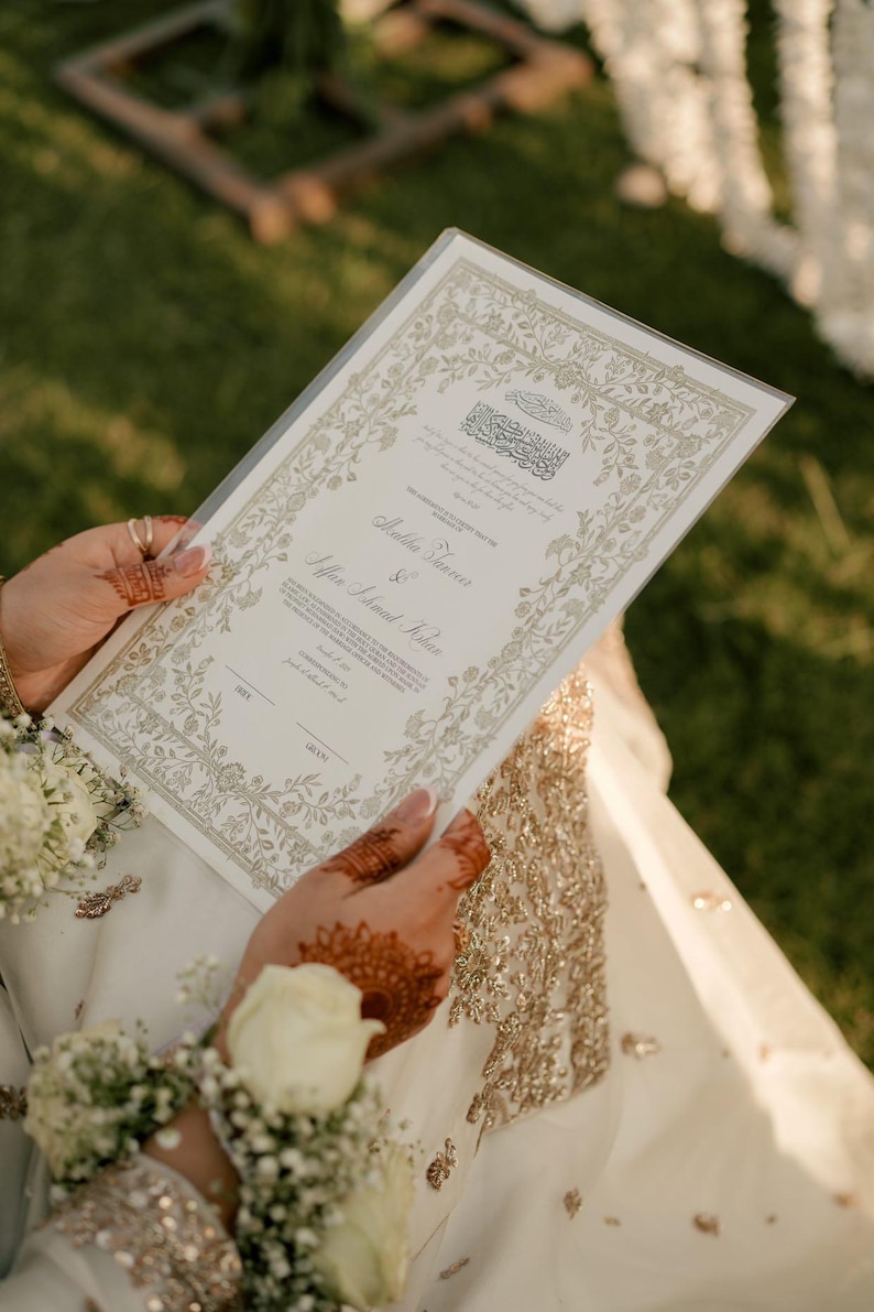 Floral Nikkah Certificate, Gold A4 Islamic Wedding Contract, Nikkah Nama, Muslim Marriage Certificate, Personalised Names, Quran Verse image 13
