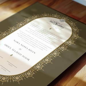 Certificato Nikkah di lusso, contratto di matrimonio islamico A4 premium, Nikah Nama, certificato di matrimonio musulmano, nomi personalizzati, versetto del Corano