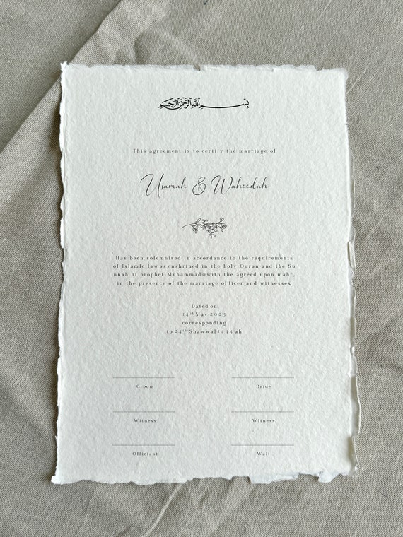 Premium Nikah Certificate, Handmade Cotton Paper, Deckle Edge Card, Islamic Nikah Nama, Muslim Marriage Contract, Personalised Wedding Gift