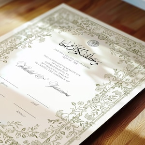 Floral Nikkah Zertifikat, Premium Islamischer Hochzeitsvertrag, Nikah Nama, Muslimische Heiratsurkunde, Personalisierte Namen, Nikah Vertrag